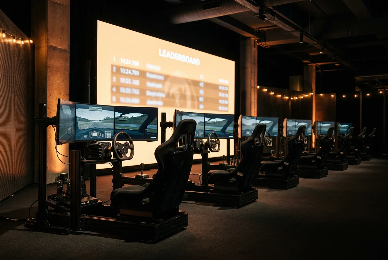Row of sim rigs at a corporate event with a glowing leaderboard screen