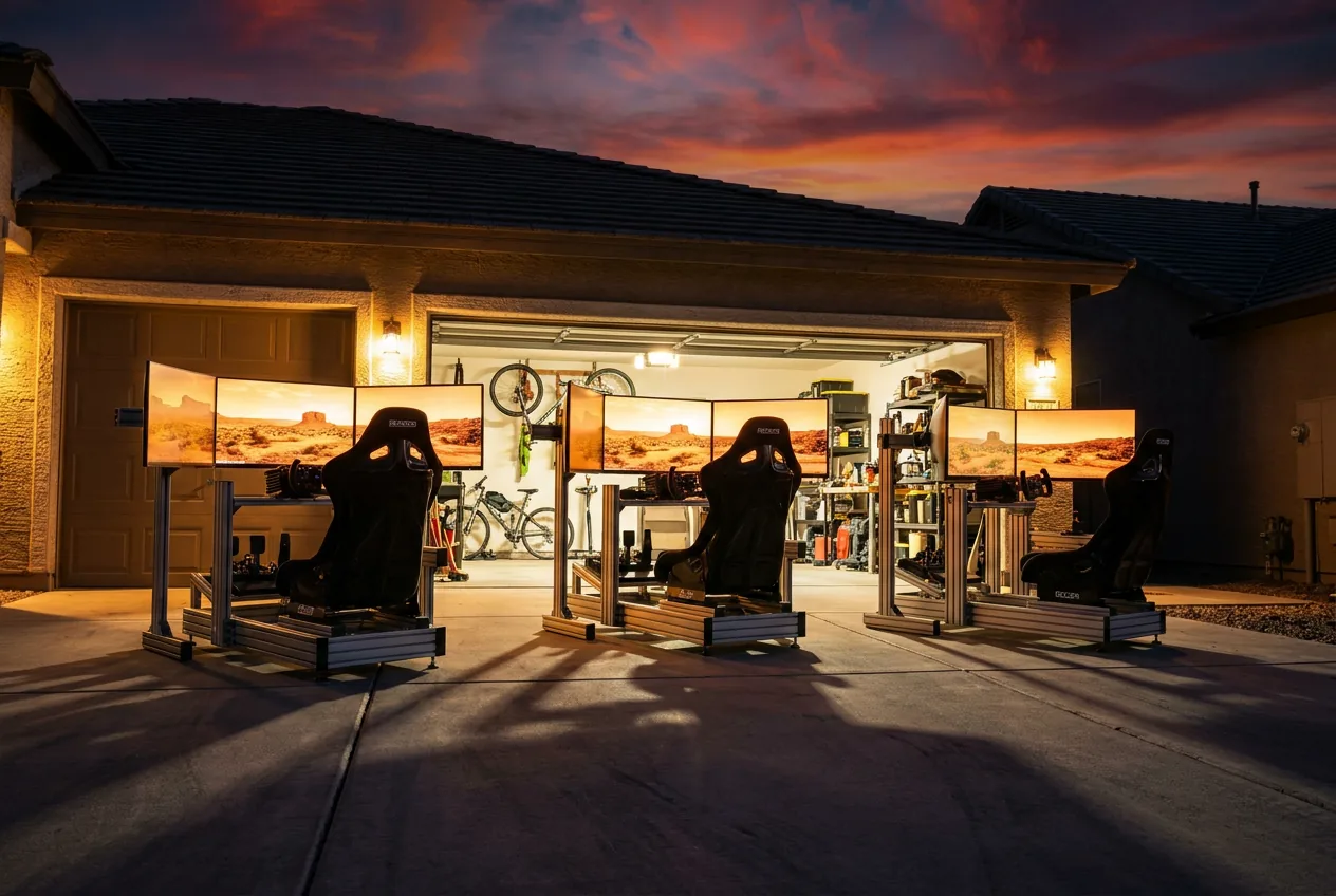 Sim-racing rigs set up on a driveway at dusk