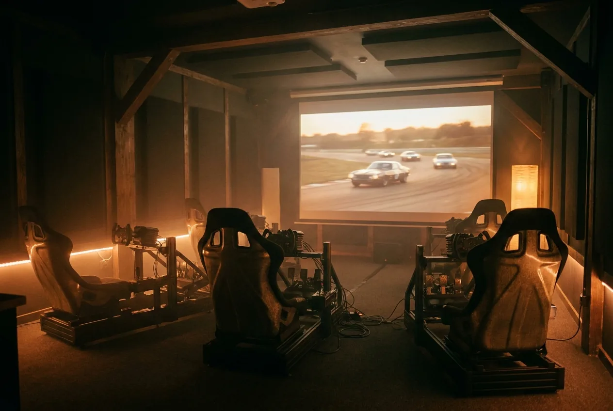 Row of sim rigs facing a big screen at an F1 watch party, warm amber lighting