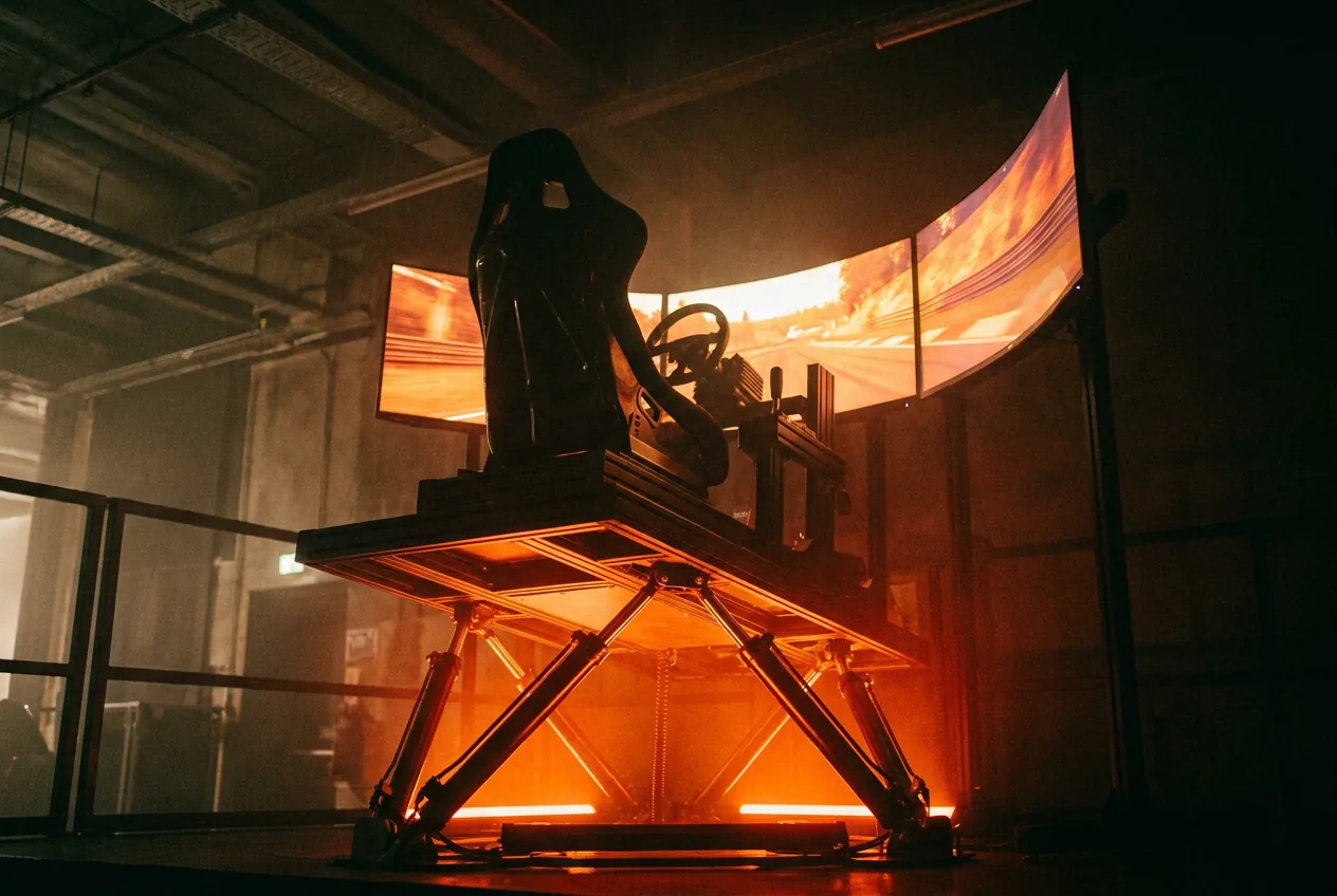 Full-motion racing rig tilted on its actuators in a dark venue with ember underglow