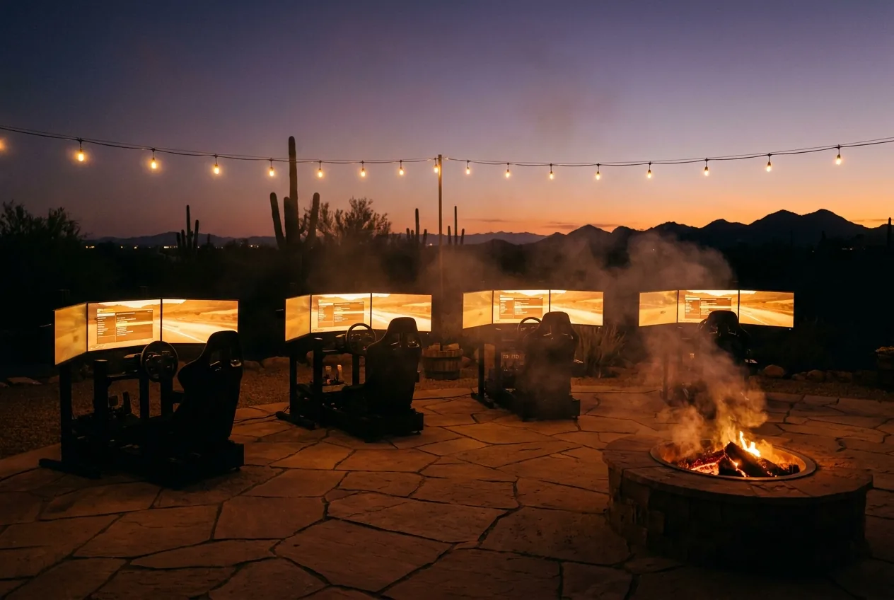 Backyard sim-racing grid at dusk — triple-screen rigs glowing under string lights