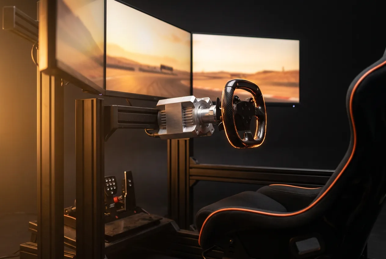 Triple-screen rig close-up — direct-drive wheel, load-cell pedals and bucket seat with ember rim light